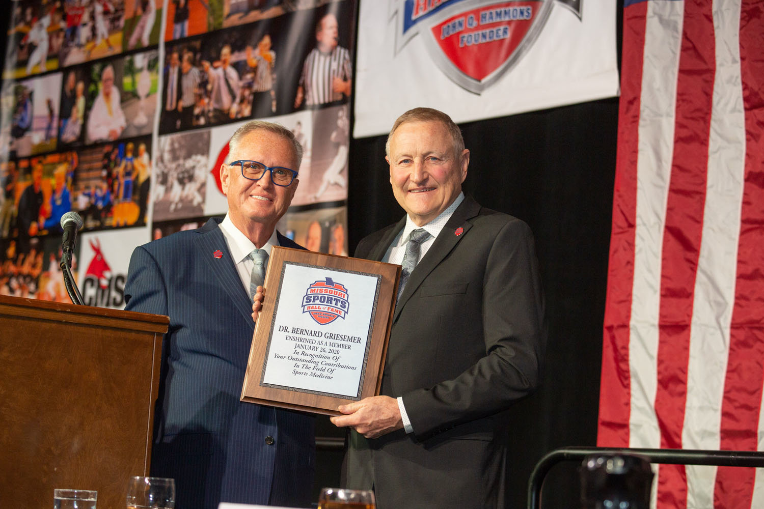 IN THE HALL
During the Jan. 26 Missouri Sports Hall of Fame 2020 Enshrinement Ceremony, Dr. Bernard Griesemer receives a plaque for his career in sports medicine from hall director Jerald Andrews, left. Among the professional athletes inducted were Derrick Johnson, Terry Pendleton and Brad Ziegler.